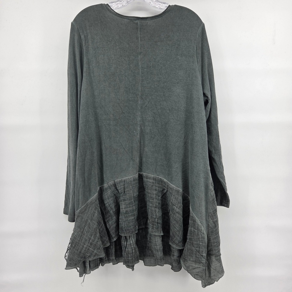 Feratelli Tunic Top XL Green Crochet Lace Ruffle Eclectic Boho Lagenlook Indie - Picture 3 of 6